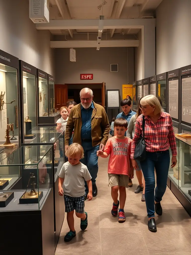A photograph of a guided tour group exploring the historical objects and artifacts at the ESPE site in Dijon, led by a knowledgeable guide.