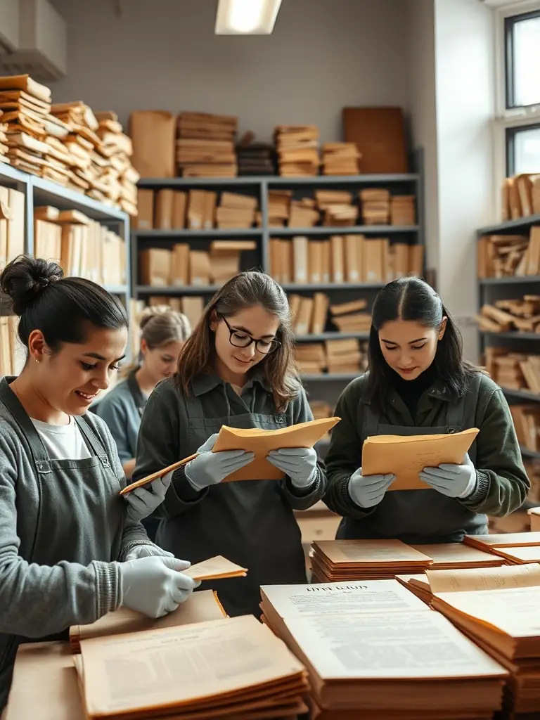 A photograph of volunteers carefully cataloging historical documents in the archives of the ESPE site in Dijon, showcasing the meticulous work involved in heritage collection preservation.