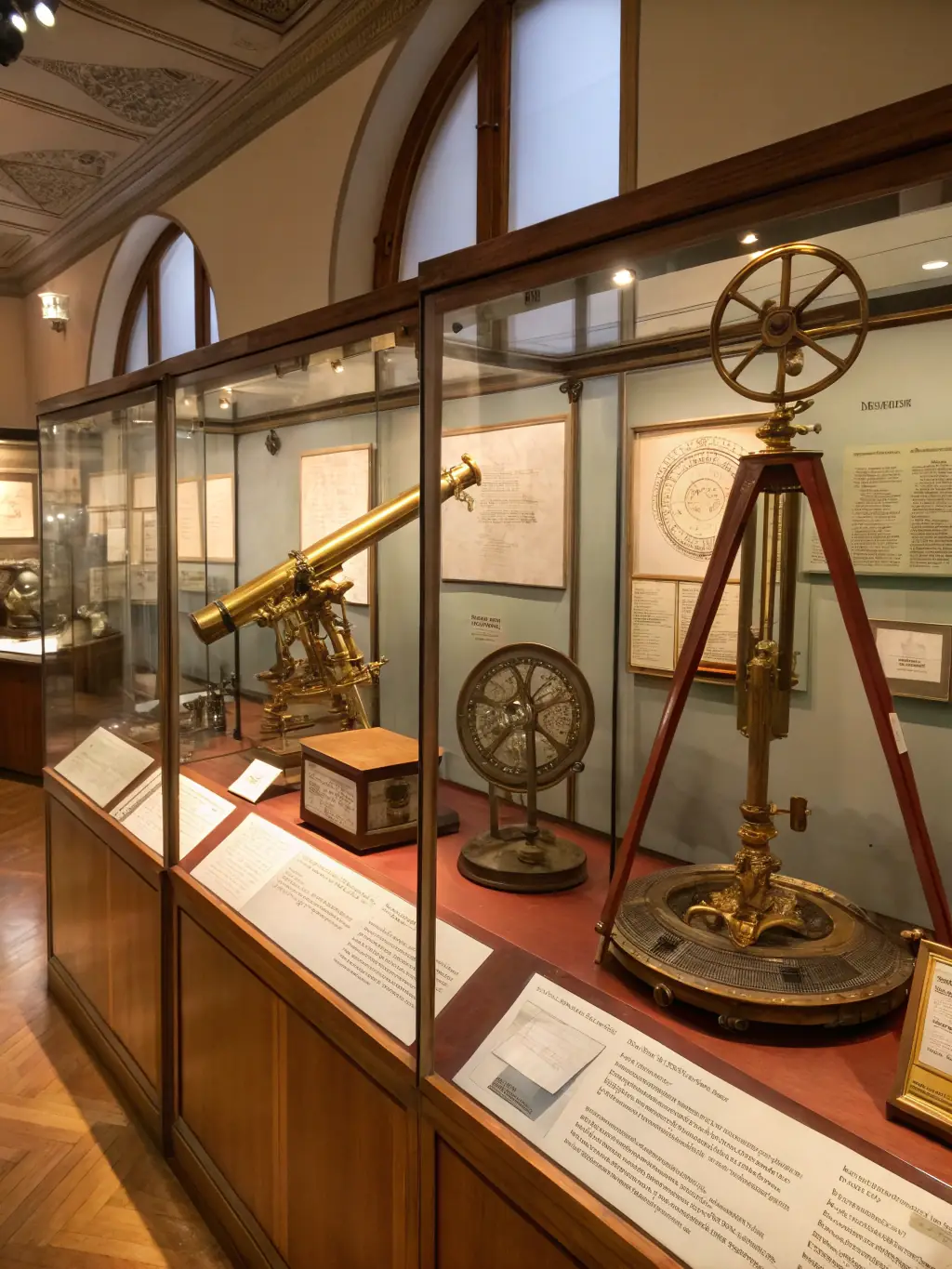 A photograph of a public exhibition showcasing historical pedagogical materials and scientific instruments from the PATRIMOINE ET FORMATION DES MAITRES collection.
