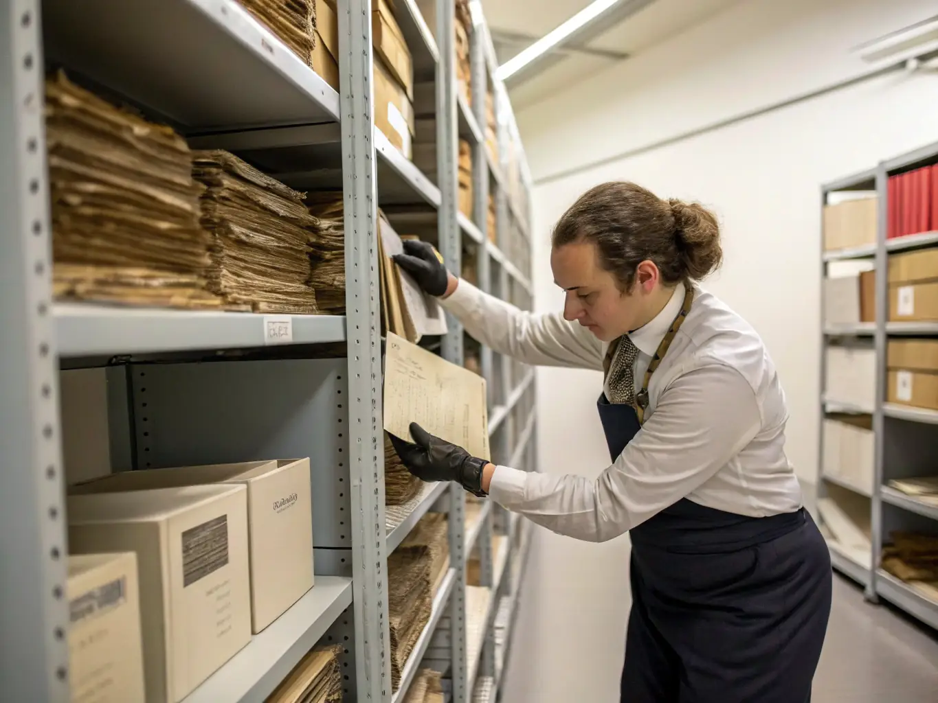 A photograph depicting volunteers carefully archiving historical documents in the ESPE site in Dijon, showcasing the meticulous work involved in heritage collection preservation.