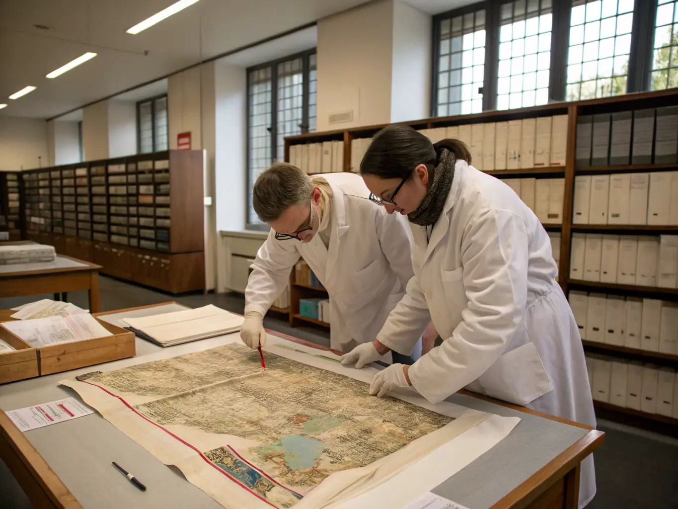 A photograph depicting volunteers carefully archiving historical documents in the ESPE site in Dijon, showcasing the organization's commitment to preserving educational heritage.