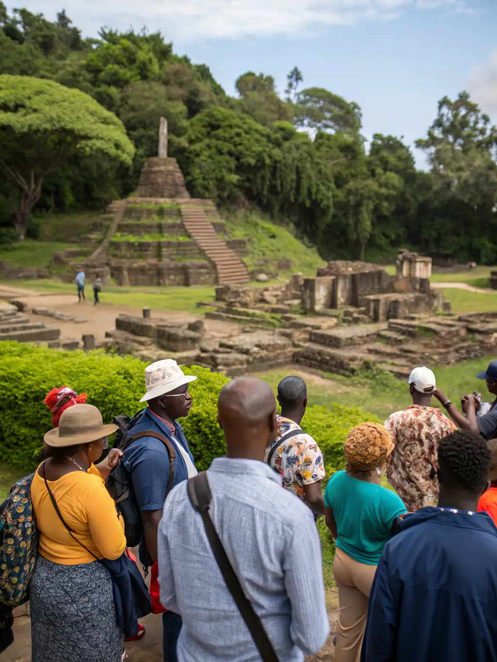 A guided tour of a historical site, with participants listening attentively to the guide's explanations and engaging with the environment.